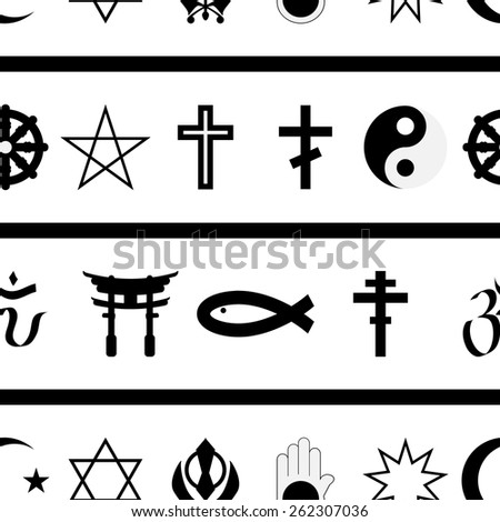 Black and white seamless pattern of religious symbols.