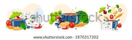 Set of cooking soup. Pan with soup, Recipe book and Vegetables. Recipes, homemade food, food preparation, learning concept. Vector illustration for flyer, poster, banner.