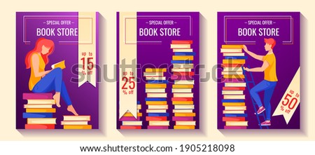 Ser of flyer for book store sale. Woman seating on the books and reading a book. Stacks of books. Man on the ladder taking a book. A4 vector illustration for flyer, poster, banner, advertising.