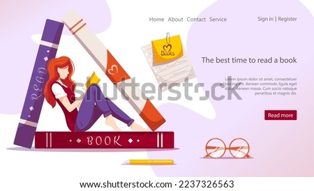 Girl is reading book, house of books, glasses, pen, piece of notebook. Book lover, Reading, Book store, Library, Education concept. Vector illustration for flyer, poster, banner, website development. 