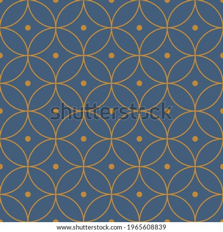 
Overlapping circles with dots in the middle seamless vector pattern. Abstract background. Petals motif. Сlassic blue and tobacco brown colors. Design for decorative paper, textiles and other surfaces