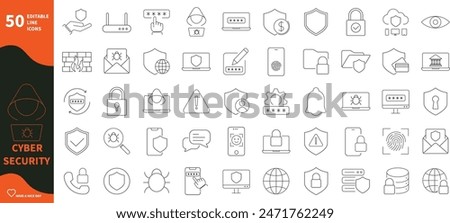 Cyber ​​security icon. Set of icons for computer security, technology, hackers, firewalls, passwords,...