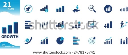 Growth graph icon. Set of candlestick chart, pie chart, rocket, business icons