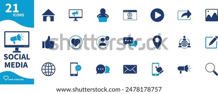 Social media icons. Set of icons like, social network, computer, phone, message,...