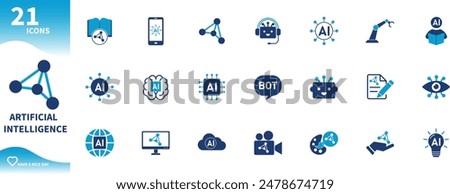 Artificial intelligence icon. Set of neural network, machine learning, brain, robot, AI, chat bot icons