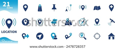 Location icon. Set of map, pin, navigation, satellite, compass icons