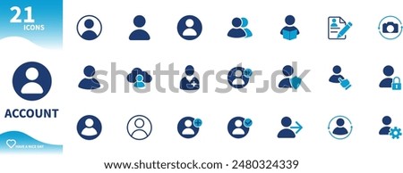 Account icon. Set of profile icons, avatars, people, change photos, settings,...