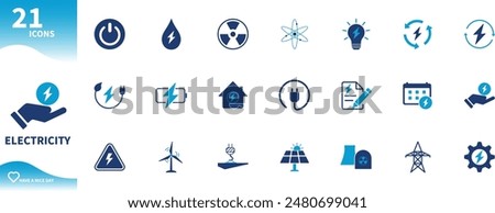 Electricity icon. Set of icons for renewable energy, nuclear power, notes, settings, lightning,...