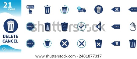 Delete and cancel icon. Set of trash can icons, x sign, delete button, cancel button,... 