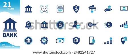 Bank icon. Set of icons for finance, money, security, biometrics, bank location, internet banking,...