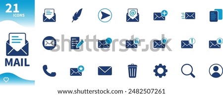 Mail icon set. Set of icons for mailing, contact, write, copy, envelope,...