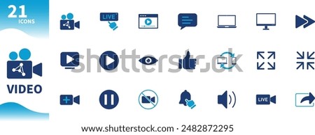 Video icon. Set of icons for video camera, live, play button, bell, social media, computer,...