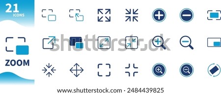 Zoom icon. Set of icons for screen ratio, expand, shrink screen, increase, decrease. Solid vector icon.