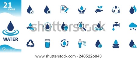 Water icon. Icon set of water drops, water sources, recycling, protection, water filtration, quality assessment. Solid vector icons collection.