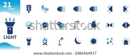 Lamp and light icon. Set of icons for car lights, table lamps, fire, flashlight, sun. Solid vector icons.