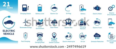 Electric Vehicle Icon. Set of flat icons for electric cars, green energy, charging stations, renewable energy, electric buses, emission reduction, net zero. Solid vector icons