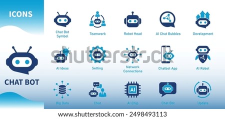 Chat bot icons. Set of flat icons on artificial intelligence, robots, chat, communication, technology, neural network, knowledge. Solid vector icons