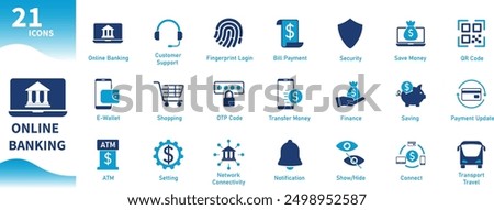 Online banking icon. Set of flat icons on money, finance, digital technology, innovation, computer, internet banking, security. Solid vector icons