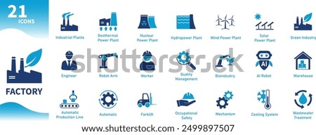 Factory icon. Set of icons for industry, manufacturing, machinery, warehouse, robot arm, power plant, green industry. Solid vector icons collection