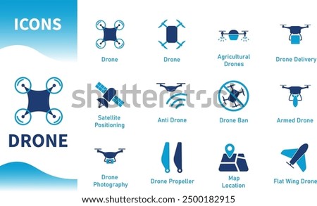 Drone icon. Set of flycam icons, agricultural drones, delivery drones, photography, drone ban, anti drone, maps. Solid vector icons.