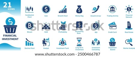 Financial investment icon. Set of business, stock, finance, money, banking, profit icons. Solid vector icons.