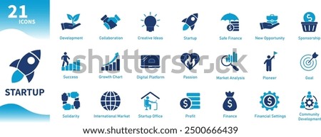 Startup icon. Set of solid vector icons on the theme of business, investment, finance, development, market analysis