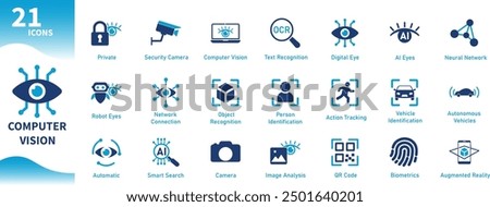 Computer vision icon. Set of icons for artificial intelligence, eye, digital technology, image analysis, multidimensional data. Solid vector icons.