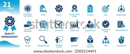 Quality management solid vector icon set. Collection of quality control icons, checklist, badge, risk assessment, customer feedback.