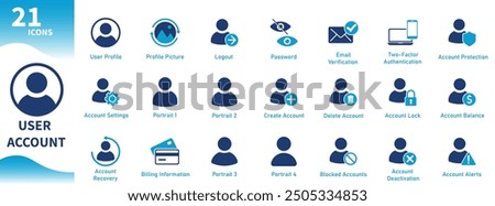 User account icon. Set of solid vector icons user profile, account settings, social networks, portrait icons, people.