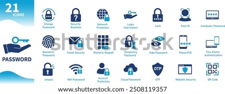 Password icon. Collection of icons themed security, login, biometric, internet, computer, phone. Solid vector icons.