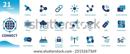 Connect icon. Collection of icons about connection, internet, data, digital, technology, holding hands, contact. Solid vector icons.