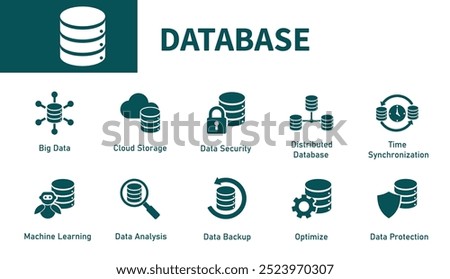 Database icons. Set of solid vector symbols on storage, cloud computing, computer technology, data synchronization, security.