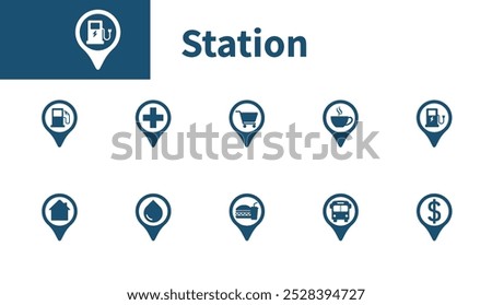 Station icon. Set of pin theme solids vector icons, location marker, charging station locations, gas stations, bus.