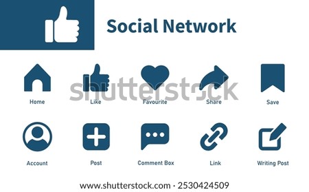 Social media icons. A set of thematic symbols about likes, shares, comments, accounts, and homes. Solids vector symbol.