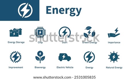 Energy icon. Set of symbol on the theme of electricity, power, lightning, green energy, battery. Solid vector icons.