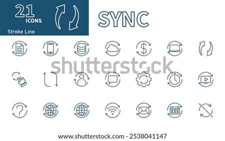 Sync icon. Collection of stroke line vector icons on the topic of data sync, offline, connection, synchronization, cloud computing, device sync. Thin line icon.