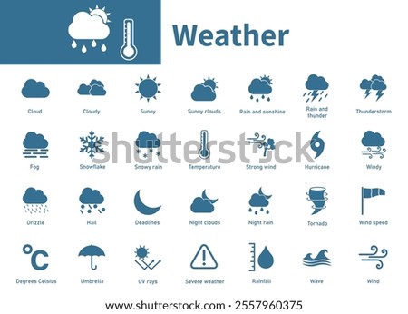 Weather icon. Set of solid vector icons of storms, tornadoes, rain clouds, wind, cold, natural conditions.