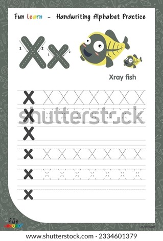 X 1st class education handwriting practice template elementary worksheet kids writing guide alphabet letter tracing x funny fishes sketch