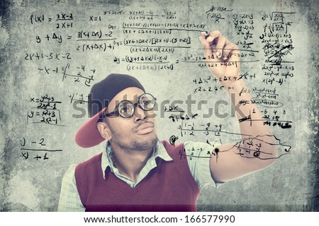 Nerd is writing a complex formula on a glass wall