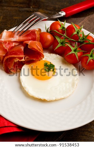 conceptual photo of english breakfast with fried eggs and bacon on wooden table