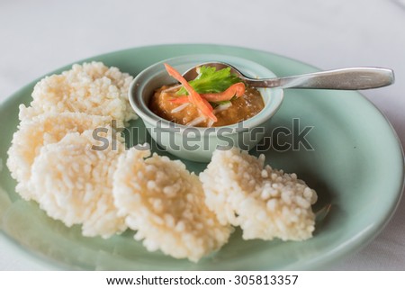 Thai traditional authentic food, rice cracker with spicy dipping sauce