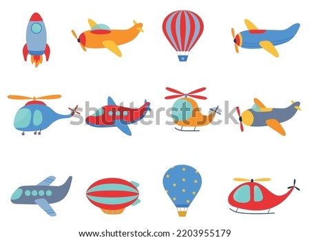 Cartoon air transport. Vector planes, airplanes, helicopters, airship, rocket, aircraft. Cildren toy planes set