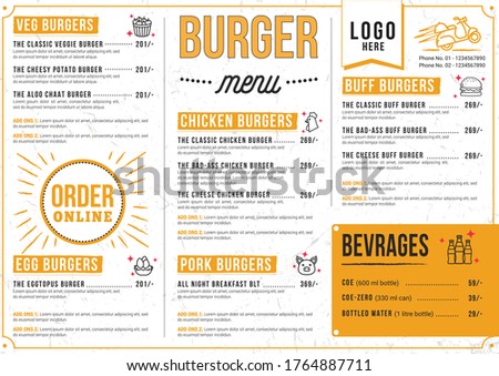 Modern and clean looking Burger and Lettuce Menu Card Design template, front an back, three-fold Vector, completely editable for Restaurant and fast food