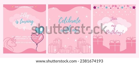 Unicorn Birthday card set.
A set of 3 vector birthday card designs in shades of pink with illustrations of unciorn, gifts,balloons and stars.