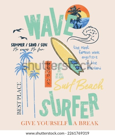 Vector illustration on the theme of surf and surfing in Hawaii. Vintage design. Typography, t-shirt graphics