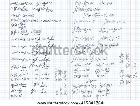 Set of math formulas written on the notebook paper, hand drawn. Vector illustration. Poster, banner, background, advertisement.