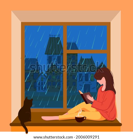 A girl sits at the window, reads a book and drinks tea while it is raining outside the window. The city outside the window. Fall. The cat is at the window. Vector illustration