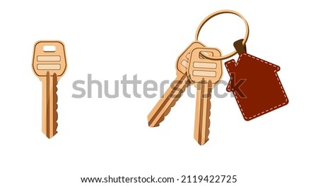 The key to the house. Bunch of keys. Keys with a keychain in the form of a house. Buying a house, investment. Isolated on white background. Flat style. Vector illustration
