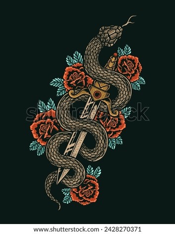 Isolated knife with rose and snake, Romantic flesh art festival poster. Rock and Roll music related sign. Vector illustration