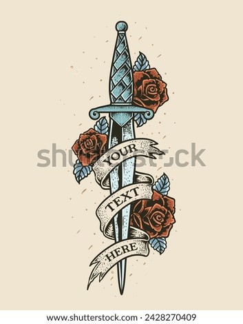 Isolated knife with rose flower, Romantic flesh art festival poster. Rock and Roll music related sign. Vector illustration